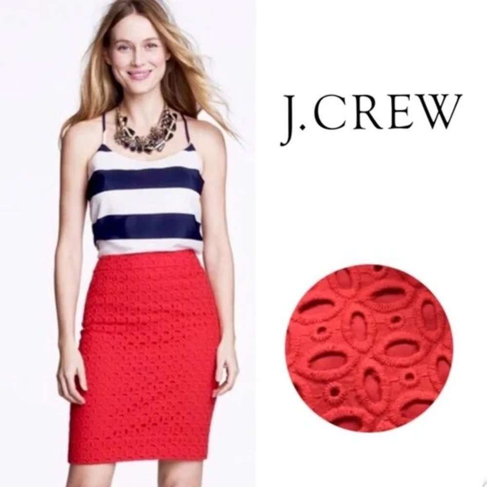 J. Crew Red Eyelit pencil skirt